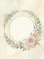 Circular floral wreath with gold border featuring pink roses, lavender, eucalyptus leaves and berries on cream background. Suitable for invitations, greeting cards and wedding designs.