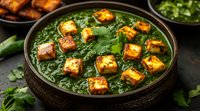 Palak paneer curry with golden fried cheese cubes in dark ceramic bowl. Fresh spinach gravy garnished with cilantro leaves creates traditional Indian dish.
