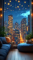 Cozy balcony with string lights overlooking illuminated night city skyline, blue sofa and ottoman, houseplants creating intimate atmosphere for evening relaxation.