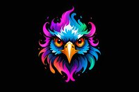 Vibrant eagle head with neon blue, purple and pink feathers on black background, fierce orange eyes and yellow beak. Stylized mascot art isolated for design projects.
