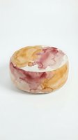 Watercolor painted ceramic bowl with organic blush and gold stains on white background, isolated design element suitable for home decor, art projects, and creative compositions.