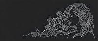 Young woman with flowing hair and roses in elegant line art style on dark background for feminine design projects and decorative applications.