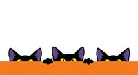 Cute black cats with glowing yellow eyes peeking over orange surface, isolated on white background for Halloween designs, greeting cards, and festive decorations.