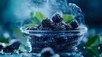 Fresh blackberries in glass bowl with morning dew and mystical smoke effect against dark blue background with green leaves, dramatic food photography.