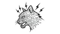 Fierce wolf head with circuit board patterns and lightning bolts in black line art style on white background isolated for graphic design projects.