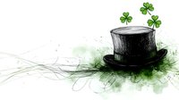 Black top hat with flying shamrock clovers on white background, artistic watercolor style sketch with green splashes and swirls for St Patrick's Day celebration designs.