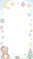 Watercolor Christmas frame with teddy bear, ornaments, stars, candy cane and tree on white background for holiday cards, invitations and festive designs.