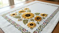 Handmade cross-stitch embroidery featuring sunflowers with decorative border on white linen fabric, traditional needlework craft for home decor.