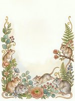 Watercolor woodland mice frame with botanical elements, ferns, roses and decorative swirls on cream background for greeting cards and invitations.