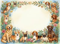 Adorable dog breeds frame with floral border featuring golden retriever, beagle, corgi, pug and other popular pets on cream background for pet lovers.