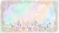 Pastel watercolor background with gold ornate frame and floral border featuring roses, eucalyptus, and hydrangeas for wedding or greeting cards.