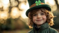 Young child with curly hair wearing green leprechaun hat with shamrock celebrating St. Patrick's Day outdoors with warm golden bokeh background lighting.