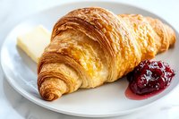 Fresh baked flaky croissant served on white plate with butter and raspberry jam, close up view of traditional French pastry breakfast.
