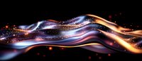Glowing waves of light with sparkles in dark background, flowing abstract lines in blue, purple and gold colors creating magical energy effect.