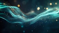 Ethereal turquoise waves flow through dark space with glowing golden bokeh lights and sparkling particles creating magical atmospheric effect. Perfect for fantasy designs.