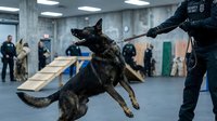 Police K9 German Shepherd dog during training exercise with handler in indoor facility. Law enforcement canine unit practicing bite work and obedience skills.