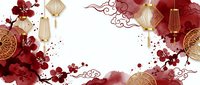 Burgundy and gold Asian floral border with lanterns, peonies, and decorative elements on white background. Suitable for invitations, greeting cards, and festive designs.