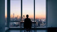 Business professional silhouette working at desk with panoramic city skyline view through office windows during golden hour sunset creating inspiring workspace.