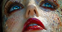 Close up portrait of woman's face with creative gold mosaic makeup, bright red glitter lips and intense blue eyes creating dramatic artistic beauty look.