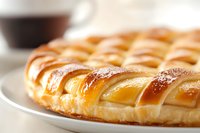 Fresh baked apple pie with golden lattice crust on white plate, close up view showing flaky pastry texture and glossy caramelized surface.