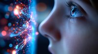 Close up profile of young caucasian woman's face with glowing blue light effects and magical sparkles. Dramatic side lighting creates mystical atmosphere with bokeh elements.