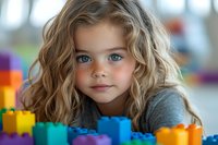Young girl with blonde wavy hair and blue eyes playing with colorful building blocks, wearing gray sweater, soft natural lighting creates gentle portrait mood.