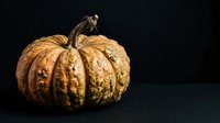 Golden textured pumpkin with stem isolated on dark background, suitable for autumn, fall harvest, and seasonal design projects.