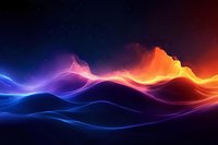 Abstract colorful waves of light with glowing blue, purple and orange energy streams flowing over dark background, creating dynamic motion effect.
