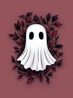 Cute ghost character with black eyes floating among dark leaves and branches on burgundy background, stylized spooky illustration for Halloween designs and decorations.