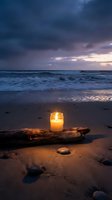 Glowing candle on driftwood at twilight beach with dramatic purple sky and ocean waves creating peaceful meditation atmosphere for relaxation and mindfulness.