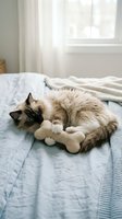 Adorable ragdoll cat sleeping peacefully with plush toy on cozy bed in bright bedroom. Domestic pet relaxation and comfort at home lifestyle concept.