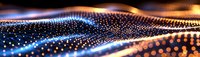 Abstract digital wave of glowing particles flowing on dark background with orange and blue light effects creating futuristic technology landscape.