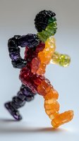 Colorful gummy candy figure in running pose made from translucent jelly segments in rainbow colors against light background, macro photography closeup.