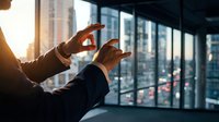 Businessman in suit making precise hand gesture near panoramic office window with city skyline at sunset, conveying focus and strategy.