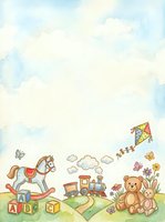 Watercolor illustration of a whimsical nursery scene featuring a rocking horse, toy train, teddy bear, kite, butterflies, and alphabet blocks on green grass with clouds. Suitable for children's books, nursery decor, and baby shower designs.