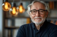 Senior Caucasian man with gray hair, beard and glasses smiling warmly at camera. Professional portrait with soft bokeh lighting and warm atmosphere in background.
