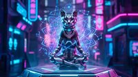 Futuristic cyberpunk cat meditating with neon energy aura in digital cityscape. Sci-fi pet concept for gaming, technology and spiritual themes.