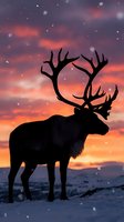 Majestic reindeer silhouette against vibrant sunset sky with falling snow in winter landscape for holiday seasonal designs and Christmas decorations.