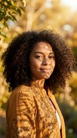 Confident African American woman with curly hair in golden sunlight outdoors, warm natural lighting creating peaceful moment for wellness and lifestyle content.