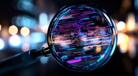 Programming code reflected in magnifying glass with colorful neon lights and bokeh background, modern software development concept for technology blogs.