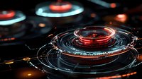 Futuristic circular interface with glowing red and blue elements against dark background, featuring concentric rings and digital data visualization patterns.