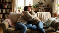 Two young women embracing on cozy living room sofa surrounded by bookshelves and plants creating warm intimate friendship moment for lifestyle content.