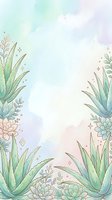Soft watercolor botanical frame with aloe vera and succulents in pastel green and pink tones, sparkling accents, copy space for text.