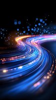 Dynamic glowing light trails curve through dark space with blue and orange streaks creating futuristic motion effect, bokeh particles float above path.