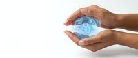 Dark-skinned hands holding glowing blue digital globe with security padlock icon, representing data protection, cybersecurity, and global network safety for business solutions.