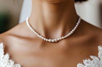 Close up of elegant pearl necklace on bride's neck with delicate white lace wedding dress details, showcasing luxury bridal jewelry and feminine fashion accessories.