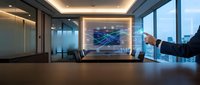 Businessman in suit presenting digital network visualization on holographic display in modern office conference room with city skyline view.