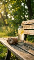 Refreshing lemon water in glass bottle with rolled towel on wooden park bench surrounded by blurred green foliage and natural sunlight, wellness and hydration concept.