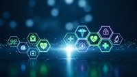 Digital healthcare technology concept with glowing medical icons in hexagonal network pattern on blue background for telemedicine applications.