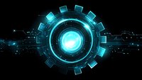 Futuristic glowing blue circular interface with geometric elements and digital connections on dark background, suitable for technology concept designs.